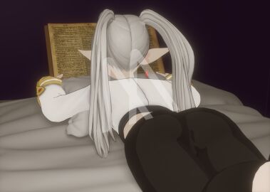 1girls 3d ass ass_focus blender butt_focus elf elf_ears elf_female female frieren frieren_beyond_journey's_end lying lying_on_bed lying_on_stomach ponytails purple_background reading reading_book shorts simple_background solo solo_female sousou_no_frieren the_michael watermark white_hair