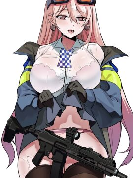 black_gloves black_thighhighs blue_jacket blue_skirt bra_visible_through_clothes earrings eyeliner female female_focus female_only girls'_frontline gloves goggles_on_head gun jacket_open looking_at_viewer open_mouth pink_eyes pink_hair pink_panties sig_mcx_(girls'_frontline) skirt skirt_lift source_not_archived sweat sweating tagme tagme_(artist) thighhighs wet_clothes white_shirt