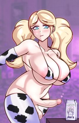 1futa ann_takamaki balls better_version_at_source big_breasts big_penis bikini blonde_hair bottomless breasts clothed clothing cow_print elbow_gloves erection futa_only futanari gloves human intersex karfound light-skinned_futa light_skin long_hair lowres milk milk_carton mostly_nude penis persona persona_5 solo standing thighhighs thumbnail twintails