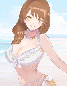 1girls alternate_costume alternate_version_available armpits bangs bare_arms bare_midriff beach bikini braid braided_ponytail breasts brown_hair cleavage female female_only fire_emblem fire_emblem_engage fire_emblem_heroes goldmary_(fire_emblem) grin hair_over_shoulder large_breasts long_hair midriff n_54 navel necklace nintendo ocean official_alternate_costume outdoors sarong shell side_ponytail smile solo swimsuit white_bikini white_swimsuit yellow_eyes