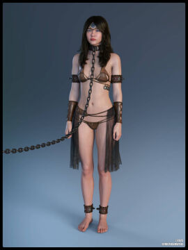 1girls 3d bikini brown_hair chain_leash daz_studio female female_only full_body leash leather_bikini original slave_girl solo strictaservitus
