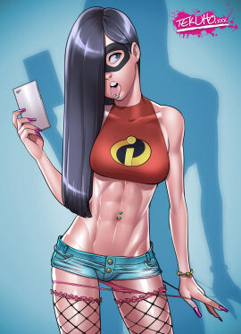 1girls abs black_hair blue_eyes bracelet breasts cellphone crop_top dark_hair disney ear_piercing earrings female fishnet_stockings fishnets hair_over_one_eye highres hourglass_figure jewelry long_nails nail_polish navel_piercing panties panty_pull pixar short_shorts shorts smartphone solo straight_hair teenager tekuho the_incredibles thighhighs tongue_piercing very_long_hair violet_parr