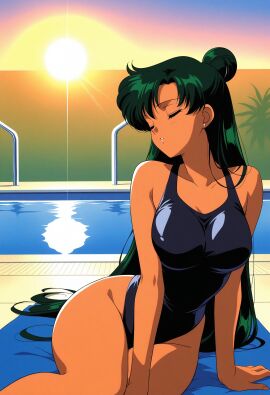 1990s_(style) 1girls accurate_art_style adult_swim ai_generated alluring bare_legs big_breasts bikini bishoujo_senshi_sailor_moon_r bishoujo_senshi_sailor_moon_s bishoujo_senshi_sailor_moon_s_the_movie bishoujo_senshi_sailor_moon_supers bishoujo_senshi_sailor_moon_supers_the_movie cleavage closed_eyes dark_green_eyes kaoru_irono one-piece_bikini pin_up poolside posing retro_artstyle setsuna_meiou sunset swimming_pool toei_animation toonami viz_media