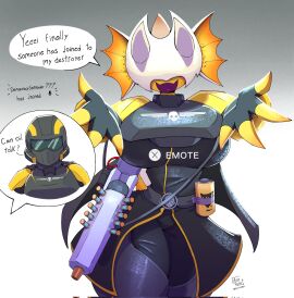 1boy 1girls 2020s 2024 2d 2d_(artwork) :d alien alien_girl alien_humanoid anthro armor armored_female arthropod arzyparzy ass big_breasts big_thighs blush breasts bug bug_girl busty child_bearing_hips covered_eyes cute dialogue english english_text female female_focus female_only helldiver_(helldivers) helldivers helldivers_2 hi_res highres hips hourglass_figure hug hunter-chan_(arzyparzy) hunter_(helldivers) insect_girl insects large_ass large_thighs male nervous reaching_out reaching_towards_viewer round_ass slim_waist tail terminid thick_thighs thighs voluptuous wide_hips