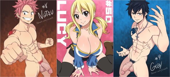 1girls 2boys abs balls black-haired_male black_eyes black_hair black_skirt blonde-haired_female blonde_hair blue_tattoo boots bracelet breasts brown_eyes cfnm chain_necklace chains character_name chest_tattoo cleavage clenched_hand clenched_teeth closed_mouth clothed_female_nude_male collage collar cross crotch fairy_tail fairy_tail_mark female fighting_stance flaccid frills gem glans gray_fullbuster groin hand_tattoo hand_up highres ichan jewelry large_breasts large_penis leggings long_hair looking_at_viewer lucy_heartfilia male multiple_boys multiple_males muscular natsu_dragneel navel necklace nipples nude patreon_username pectorals penis pink-haired_male pink_hair pink_tattoo pubic_hair red_tattoo sharp_teeth shiny_skin short_hair shoulder_tattoo simple_background sitting skirt smile spiked_hair standing tattoo tattoo_on_chest tattoo_on_hand tattoo_on_shoulder tattooed_chest tattooed_hand tattooed_shoulder teeth testicles twintails urethra veins veiny_penis