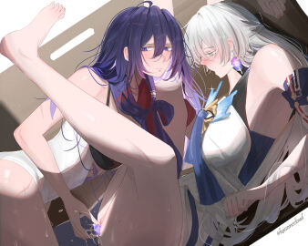 2girls ahoge bare_shoulders barefoot blush bronya_rand clitoris colored_inner_hair earrings english_commentary female grey_eyes heart highres honkai:_star_rail honkai_(series) jewelry kaosmccloud long_hair multicolored_hair multiple_females multiple_girls object_insertion purple_eyes purple_hair pussy scarf seele_(honkai:_star_rail) spoken_heart uncensored very_long_hair yuri