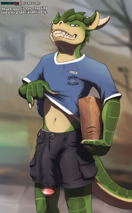 1boy anatomically_correct_penis big_penis delivery_employee dragon horns horsecock huge_cock lizard lizardlars male package penis penis_outline showing_penis smiling spitey teeth