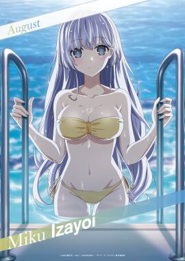 1girls bare_arms bare_belly bare_legs bare_shoulders bare_thighs belly_button big_breasts bikini blush breasts busty calendar_(medium) cleavage collarbone date_a_live female getting_out_of_pool gold_bikini groin idol izayoi_miku mouth_closed official_art pool_ladder purple_eyes purple_hair smile swimming_pool thighs underboob water wet_body wet_hair