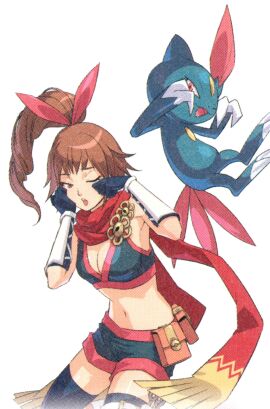 1girls armpit bare_midriff bare_shoulders boob_window breasts brown_hair cleavage exposed_thighs female kunoichi_(pokemon) ninja nintendo official_art pokemon pokemon_conquest ponytail red_scarf scan sfw short_shorts sneasel teasing thigh_gap