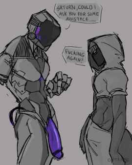 2boys annoyed annoyed_expression big_penis crop_top exposed faceless faceless_male machine male male/male missing_arm muscular muscular_male nude nude_male oc original_character oxtra penis pointing_at_penis purple_penis robot robot_humanoid saturn_(foresttguiide) size_difference speech_bubble unknown_species void_monster