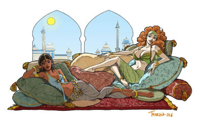 2girls belly_dancer belly_dancer_outfit black_hair breasts cleavage curly_hair dark-skinned_female dark_skin female femsub harem harem_girl harem_outfit harem_pants huge_breasts looking_at_viewer lounging medium_breasts orange_hair original original_characters slave slave_girl slave_outfit submissive_female teresa_marzia