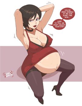 1girls ada_wong arbrianarchy big_belly english_dialogue english_text exposed_belly hands_behind_head lipstick pregnant pregnant_female red_dress resident_evil resident_evil_4 resident_evil_4_remake