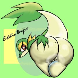 1:1 absurd_res ass big_ass big_butt eddiebrije female feral generation_5_pokemon genitals hi_res looking_at_viewer nintendo nude pokemon pokemon_(species) pussy simple_background smile snivy solo tail wide_hips