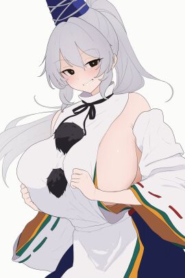 1girls absurd_res black_eyes blush breasts female hat highres huge_breasts japanese_clothes long_hair mononobe_no_futo moriforest1040 nose ponytail sideboob simple_background smile teeth touhou white_background white_hair