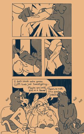 absurd_res ambiguous_species anthro bodily_fluids bondage bound breasts canid canine canis comic cookie eating erection felid female food freckles frottage furniture gazing genital_fluids genitals group hands_behind_back hi_res jasper_(critterdome) kyle_(critterdome) lion male male/male mammal mustelid ophelia_(critterdome) otter pantherine passionatefloorromance penile penis precum public rear_view restraints rope rope_bondage rope_harness sex sofa speech_bubble sweat swordfighting trio wolf