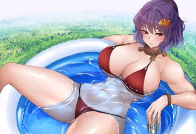 1girls abs alcohol beer bikini blush breasts cleavage female female_only from_above fully_clothed grass hair_ornament holding kanako_yasaka large_breasts leaf leaf_hair_ornament lying maple_leaf mature_female momendoufu parted_lips pool purple_hair red_bikini red_eyes revealing_clothes rope short_hair skimpy_clothes spread_legs sweat swimsuit tagme touhou water yasaka_kanako