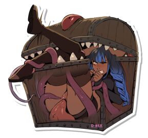 1girls black_hair black_thighhighs blue_hair blunt_bangs bondage bound captured captured_heroine clenched_teeth cunnilingus d-rex dark-skinned_female dark_skin defeated defeated_heroine drill_hair eaten_then_fucked female femsub inside_creature interspecies long_hair midriff mimic mimic_chest monster monster_on_female multicolored_hair oral original pussy restrained sharp_teeth solo teeth tentacle teratophilia thighhighs transparent_background trapped treasure_chest two-tone_hair uncensored vore white_outline x-ray yellow_eyes