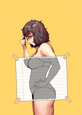 annoyed annoyed_expression annoyed_female black_hair bra chuckuddin clothed drawn kawakami_sadayo persona persona_5 realistic_breast_size realistic_proportions sadayo_kawakami side_eye side_view underwear