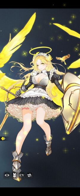 angel angel_wings arael_(how_to_raise_a_harem) bird blonde_hair breasts cleavage female frilled_dress frills game_cg halo hi_res highres how_to_raise_a_harem huge_breasts large_breasts long_hair maid maid_headdress maid_uniform no_bra official_art screenshot shield shoes simple_background solo solo_female sword wings yellow_eyes