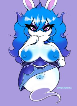 anthro areola big_breasts blue_areola blue_hair blue_nipples blue_pussy breasts clothing dress exposed_breasts eyelashes eyeshadow fangs female front_view genitals ghost ghost_tail hair hi_res lagomorph long_hair looking_at_viewer makeup mammal mario_(series) mario_+_rabbids mario_+_rabbids:_sparks_of_hope mendelartz midnite_(mario_+_rabbids) nipples pink_eyes purple_background purple_clothing purple_dress purple_eyeshadow pussy rabbid raving_rabbids simple_background solo spirit teeth ubisoft video_games