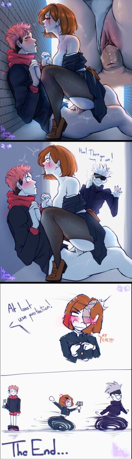 1girls 2boys blush blush_lines bottomless_male camera_flash closeup clothes_down comedy comic condom condoms cowgirl_position cum cum_bubbles dialogue english_text female funny holding_hands humor interrupted interrupted_sex itadori_yuuji jujutsu_kaisen kugisaki_nobara male money mrhernandrawings onomatopoeia pan penis phone plap pussy ripped_clothing ripped_pantyhose saliva_string satoru_gojo school_uniform sex shaved_pussy smartphone sunglasses sweat sweaty text torn_pantyhose vagina vaginal_penetration vaginal_sex