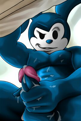 4_fingers abs absurd_res anthro balls bedroom bedroom_eyes big_glans black_eyes blue_body blue_fur bodily_fluids cum cum_on_balls cum_on_body cum_on_hand cum_on_penis disney ejaculation erection fingers fur genital_fluids genitals hi_res holding_own_penis holding_penis humanoid_genitalia humanoid_penis lagomorph leporid looking_at_viewer male mammal muscular muscular_anthro muscular_male narrowed_eyes nude nude_anthro oswald oswald_(character) oswald_the_lucky_rabbit penis rabbit rjquaty seductive sensual simple_background smile smiling_at_viewer solo teeth_showing the_woody_woodpecker_show universal_studios white_body white_face white_skin