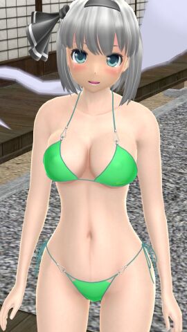 1girls 2023 3d adult_female belly_button bikini black_ribbon blue_eyes blush breasts clavicle cleavage female green_bikini grey-haired_female hati_yukkuri_mmd headband hips human indoors light-skinned_female light_skin looking_at_viewer mmd open_mouth rocks short-haired_female solo_female solo_focus spirit swimsuit touhou waist wisp wooden_floor youmu_konpaku