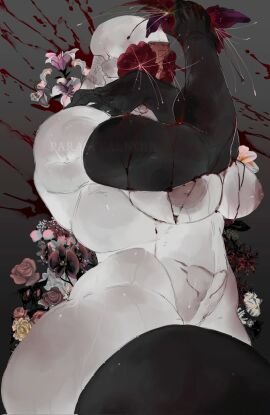 areola armwear bald big_breasts black_clothing black_gloves black_handwear black_legwear black_thigh_highs blood_on_arm blood_on_breast bodily_fluids breasts clothing digital_drawing_(artwork) digital_media_(artwork) elbow_gloves female flower flower_eyes gloves grey_background hairless handwear heart_tattoo hi_res humanoid legwear looking_at_viewer mama_flower monster monstrous_humanoid mostly_nude muscular muscular_female navel nipples ofuda ofuda_on_forehead pale_skin parasytal pink_areola pink_nipples plant pubic_tattoo red_flower simple_background solo talisman tattoo thick_thighs thigh_highs wide_hips