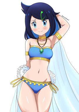 1girls 2020s alternate_costume bare_arms bare_legs bare_midriff bare_shoulders bare_thighs belly_button belly_dancer belly_dancer_outfit blue_bra blue_eyes blue_hair blush blush_lines bra bracelet coin_on_string crystal_necklace dancer dancer_class dancer_girl dancer_outfit feathers female female_only gold_(metal) gold_bracelets gold_collar gold_jewelry golden_bracelets golden_collar hourglass_figure hourglass_figured_female human liko_(pokemon) looking_at_viewer midriff navel necklace pokemon pokemon_(anime) pokemon_horizons pov pov_eye_contact silk silk_clothing silk_scarf solo thick_thighs white_background white_feathers
