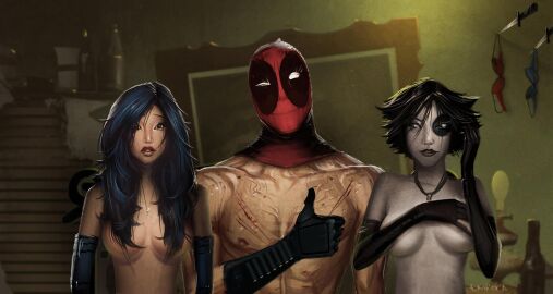 1boy 2girls arm_covers_breast breasts deadpool deadpool_(game) domino_(deadpool_game) domino_(marvel) female gloves gloves_on gloves_only hair_covering_breasts jose_emroca male marvel marvel_comics masked_male neena_thurman official_art psylocke_(kwannon) scarred_body thumbs_up topless topless_female topless_male uncensored wade_wilson x-men