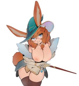 1girls aurora_(league_of_legends) big_breasts blue_eyes breasts bunny_ears female freckles glasses hat league_of_legends long_hair looking_at_viewer oniiyanna open_mouth orange_hair partially_clothed presenting riot_games smile solo standing tail thick_thighs topless vastaya wand white_background