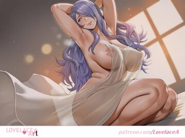 ai_generated big breasts camilla_(fire_emblem) depth_of_field fire_emblem happy lovelacea naked_sheet nude purple_hair see-through_clothing uncensored