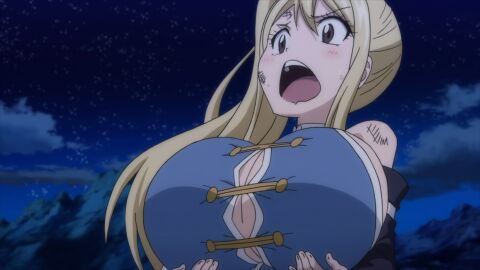 1girls big_breasts blonde-haired_female blonde_hair blue_blouse breast_expansion breast_growth breast_growth_(enlargement) breasts fairy_tail female female_focus female_only huge_breasts large_breasts lucy_heartfilia screencap screenshot
