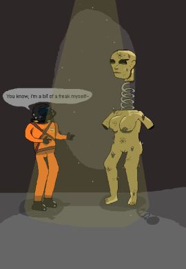 1boy 1girls 2d amateur_artist ass baby's_first_art blush breasts bulge bulge_through_clothing coil-head_(lethal_company) dialogue dilbot1000 employee_(lethal_company) facility female freak helmet indoors lethal_company lighting male male/female monster naked nervous nipples no_clothes no_sex non-human nude pixel_art pointing pussy rule_63 spacesuit statue taller_female vagina