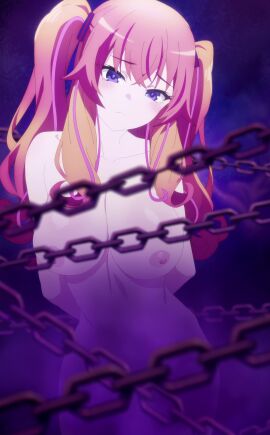 agatsuma_makina areolae blue_eyes breasts chained chains kakushite!_makina-san!! large_breasts nipples nude red_hair screencap tied_up