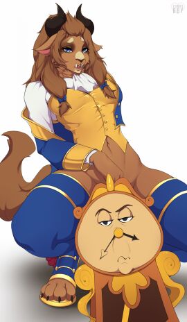 absurd_res animate_inanimate anthro beast_(disney) beauty_and_the_beast_(1991_film) brown_body brown_fur clock clothing cogsworth convenient_censorship disney duo female finger_fuck fingering footwear fur hi_res high_heels horn legwear looking_at_viewer male male/female mammal monster pussy rule_63 shoes stockings v3nusbby vaginal_penetration