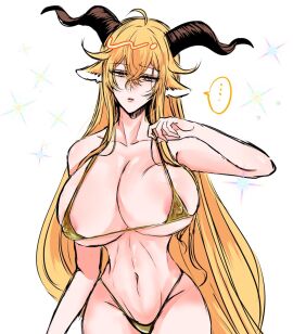 areola_slip arknights bikini breasts degenbrecher_(arknights) female gold_bikini huge_breasts micro_bikini sketch