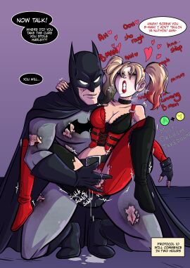1boy 1girls batman batman:_arkham_city batman_(bruce_wayne) batman_(series) batquinn big_breasts boots breasts bruce_wayne cleavage dc dc_comics dialogue female fingering fingering_pussy harley_quinn harley_quinn_(arkham) harley_quinn_(arkham_city) knee_boots male masturbating_other masturbation orgasm pussy scars speech_bubble straight superhero_costume torn_clothing torn_costume wacum white_facepaint