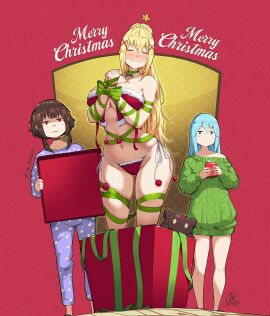 3girls :i aqua_(konosuba) big_breasts bikini blonde_hair blue_hair blush bow box breasts chomusuke christmas_bikini christmas_gift christmas_lingerie christmas_outfit darkness_(konosuba) english_text female female_only fur_trim gift_box green_bow green_ribbons jk_arts07 kono_subarashii_sekai_ni_shukufuku_wo! megumin merry_christmas mostly_nude mug multiple_females multiple_girls navel presenting thong wide_hips