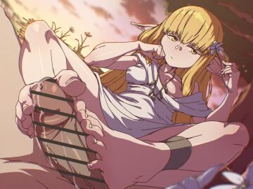 1boy 1girls :/ bar_censor barefoot blonde_hair censored cloud commentary dusk dutch_angle elf erection feet female flexible_toes flower foot_focus footjob funen_gomi funen_gomi_m gold_anklet highres holding holding_flower holding_with_feet jewelry long_hair long_pointy_ears looking_to_the_side male outdoors penis png pointy_ears pov pov_crotch robe serie_(sousou_no_frieren) sitting sousou_no_frieren toes tree veins veiny_penis white_robe yellow_eyes