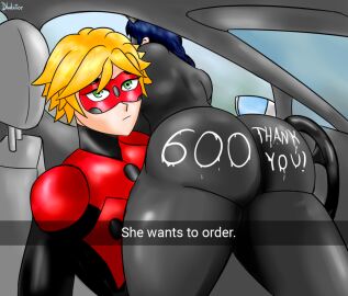1boy 1girls 2d adrien_agreste artist_name ass big_ass blonde_hair blue_hair body_writing color disney disney_channel dladiator domino_mask english_text female follower_celebration full_color green_eyes inside_car lady_noir ladynoir ladynoir_(character) male marinette_dupain-cheng meme milestone_celebration miraculous:_tales_of_ladybug_and_cat_noir miraculous_ladybug mister_bug non-nude she_wants_to_order tagme text thick_thighs tight_clothing