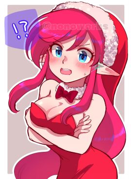 !? 2022 alternate_hair_color artist_name bare_arms bare_shoulders blue_eyes blush border bow breasts christmas cleavage collar crossed_arms detached_collar dress ears_down elf embarrassed female genderswap genderswap_(mtf) grey_background hat highres link link_(shounen_captain) long_hair looking_ahead medium_breasts nintendo nonoworks open_mouth pink_hair pointy_ears red_bow red_dress red_headwear rule_63 santa_costume santa_hat sidelocks signature simple_background slutty_santa solo speech_bubble spoken_interrobang strapless strapless_dress sweatdrop swept_bangs teeth the_legend_of_zelda the_legend_of_zelda_(nes) tongue twitter_username upper_body upper_teeth very_long_hair watermark white_border white_collar