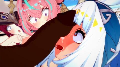 artist_request big_penis black_cock blue_eyes blue_hair blush chasca_(genshin_impact) cow_ears cow_girl cow_horns cow_tail cowbell dark-skinned_male dark_skin elf elf_ears elf_female elf_girl female genshin_impact huge_cock koikatsu male mualani_(genshin_impact) natlan_girls penis penis_awe pink_eyes pink_hair pink_nipples surprised_expression uncensored varesa_(genshin_impact)