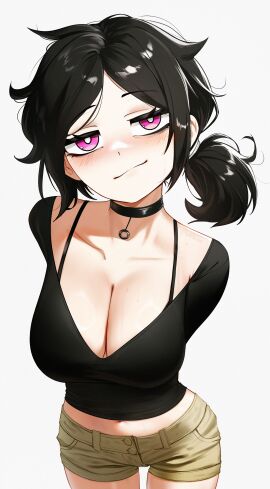 ashley_graves big_breasts black_hair black_topwear bra breast_focus breasts choker cleavage crop_top dark dark_wholesome egirl female female_only goth goth_girl gothic huge_breasts only pink_eyes pink_iris pov_eye_contact shorts smaller_female smug smug_smile solo the_coffin_of_andy_and_leyley v-cut waligner wholesome