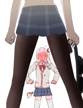 1girls 1other akiyama_mizuki ambiguous_gender blush bra female leggings legs legs_apart legwear pink_hair project_sekai school_uniform shinonome_ena side_ponytail skirt