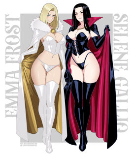 2girls black_queen_selene blonde_hair blue_eyes breasts brown_hair cleavage corset emma_frost female female_only hellfire_club large_breasts lingerie marvel marvel_comics micro_panties nico-neko nicolasgravelqc panties red_eyes selene_gallio white_queen x-men