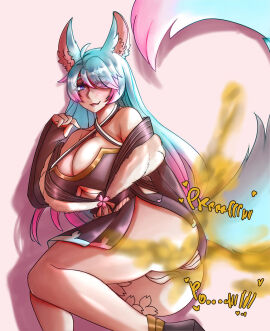 breasts cameltoe chro-sis fart fart_cloud fart_fetish farting female fox fox_ears fox_girl fox_tail huge_ass huge_breasts leg_up multicolored_hair panties silvervale virtual_youtuber vtuber
