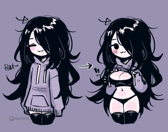 1girls :3 artist_self-insert before_and_after belly belly_button big_breasts black_hair black_lingerie blush bra breasts cleavage clothes_lift cute exclamation_mark female flashing flashing_bra flashing_breasts flashing_panties goth goth_girl hidden_buxom hoodie large_breasts looking_at_viewer magic meg_(megrocks) megrocks mob_face owo panties pornstar_body slim_waist solo stockings thick_thighs thigh_highs wholesome