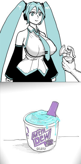 1girls alternate_breast_size bb_(baalbuddy) breast_milk_in_a_cup breast_pump breasts detached_sleeves edit female gelato hatsune_miku huge_breasts ice_cream implied_lactation mountain_dew mountain_dew_baja_blast stitched twintails vocaloid