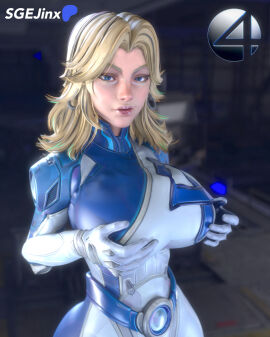 1girls 3d battlesuit belt blender blender_cycles blonde_female blonde_hair blurred_background bodysuit breast_focus breasts bunker clothed clothed_female depth_of_field earrings fantastic_four female flirting_look gloves hand_on_breast huge_breasts invisible_woman invisible_woman_(marvel_rivals) light-skinned_female light_skin lighting lips looking_at_viewer marvel marvel_comics marvel_rivals sgejinx_(artist) sue_richards sue_storm